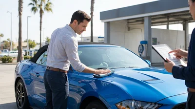 Person cleaning the windshield of a car hire parked on a sunny California street