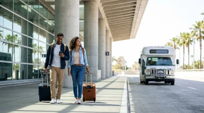 White car rental shuttle bus picking up passengers with luggage outside LAX Terminal 7 in Los Angeles