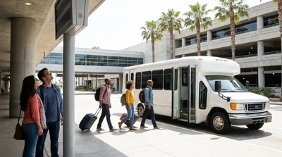 A car hire shuttle bus picking up passengers with luggage outside Terminal 2 in Los Angeles