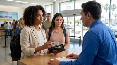 Close up of a person handing an ID to an agent at a car rental counter in California