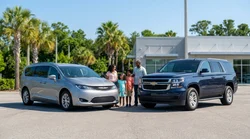 White minivan and black 7-seater SUV parked next to palm trees at an Orlando car rental lot