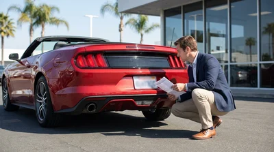 Person reading car rental documents near the rear license plate of a vehicle parked on a sunny California street