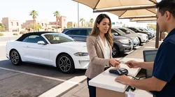 Customer handing a credit card to a car hire agent at a pickup counter in Texas