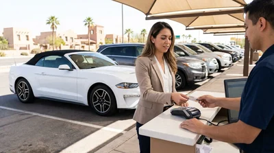 Customer handing a credit card to a car hire agent at a pickup counter in Texas