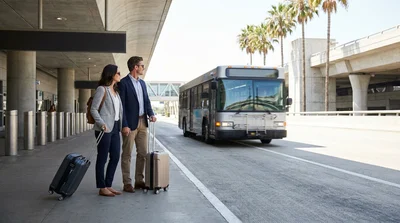 Travelers with luggage waiting for a car rental shuttle outside an airport terminal in Los Angeles