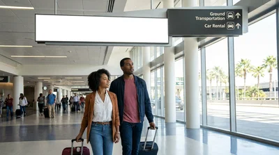 Travelers with luggage walking toward the car hire desks in Terminal A at Orlando Airport