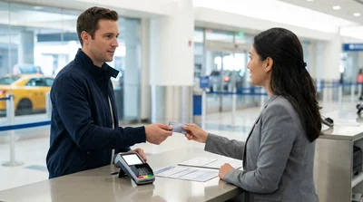 Person holding a debit card and car keys at a car rental counter in New York