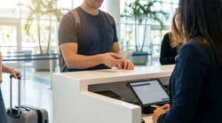 Customer presenting a credit card to an agent at a Miami car hire counter