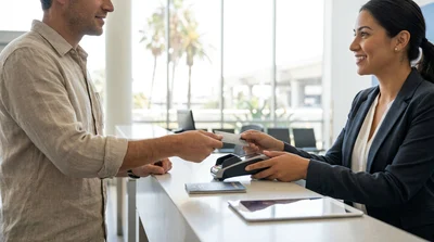 Hand holding a credit card at a car hire desk in Los Angeles