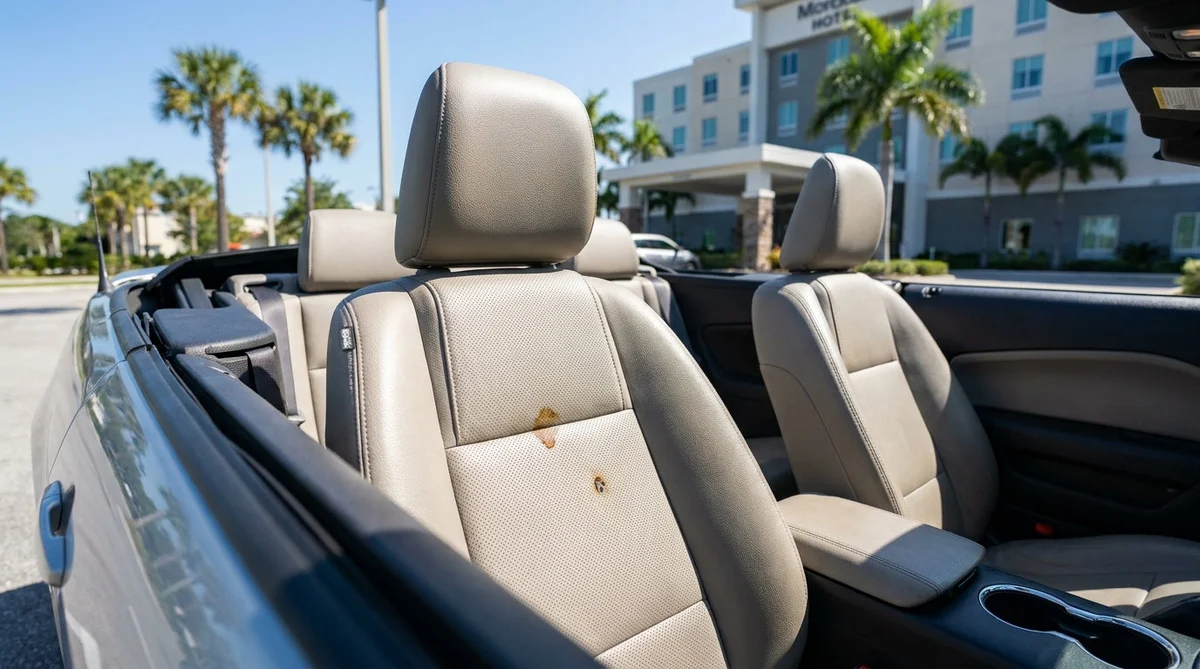 Close up of a dark stain on the passenger seat interior of a Florida car rental