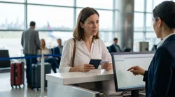 Traveler holding a passport and driving licence at a car rental desk in New York