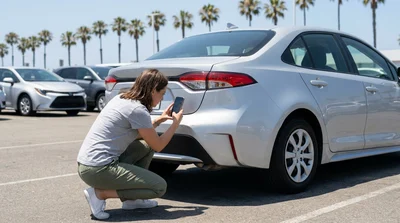 Person taking a photo of a car rental exterior with a smartphone in a bright California parking lot