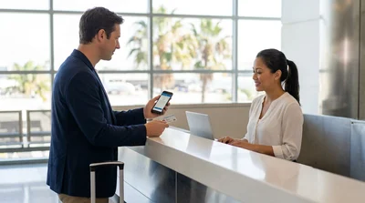 Traveler using a smartphone at a car rental counter inside the Los Angeles airport