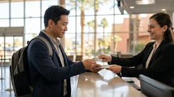 A person holding a driving licence and keys at a Las Vegas car hire counter