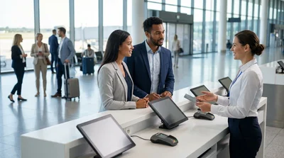 Passengers with luggage at a shared car rental counter in San Francisco airport