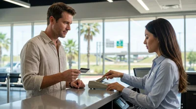 Customer handing a credit card to a car hire agent at a service counter in Texas