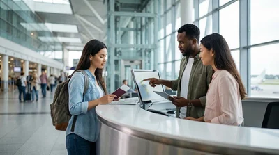 Travelers with rolling luggage standing at an airport car rental counter at JFK in New York