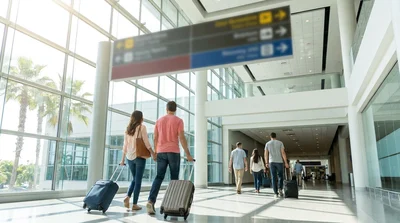 Travelers with luggage walking through Terminal C at Orlando Airport towards the car hire center