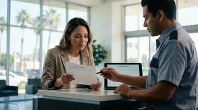 A person unlocking a modern car rental on a sunny street lined with palm trees in Los Angeles