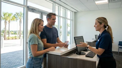 Customer presenting a driving licence to an agent at a car hire desk in Orlando