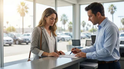 Person driving a modern car rental along a scenic coastal highway in sunny California