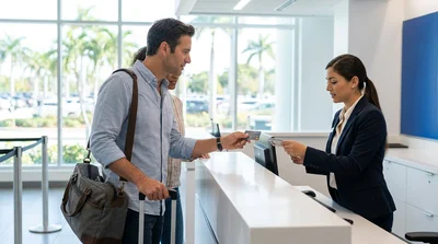Close-up of hands passing a credit card across a Miami car rental desk