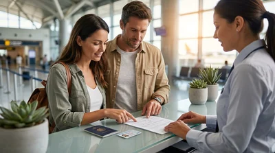 Customer reviewing car rental documents while standing next to a vehicle in Texas
