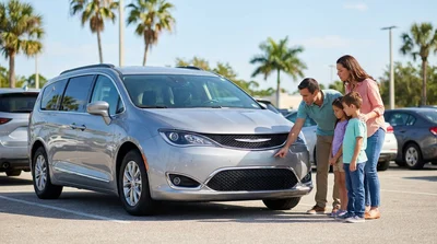 White car rental driving down a sunny Florida highway with a deer crossing the road