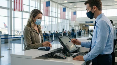 Person handing a credit card to an agent at a car hire desk in the United Estates