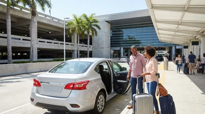 Passenger with luggage exiting a yellow taxi at the Miami Airport car rental center