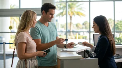 Close up of hands exchanging documents and keys at a car rental counter in Florida