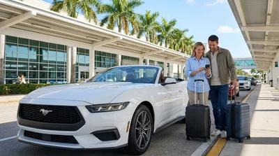 Traveler loading luggage into the trunk of a white car rental under sunny palm trees in Miami