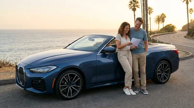 Smiling couple driving a car hire along a sunny coastal highway in California