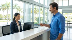 Customer holding a debit card and keys at a sunny Florida car rental counter