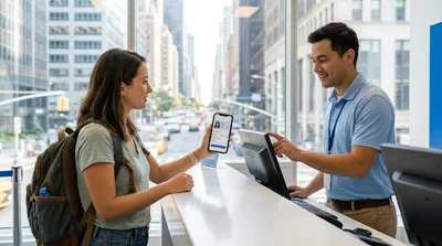 Customer holding a smartphone showing a digital passport at a car rental desk in New York