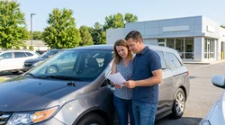 A man and woman reviewing paperwork at a car rental desk in Pennsylvania