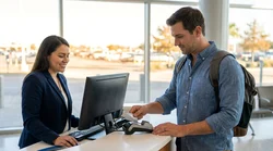 Close-up of a customer handing a credit card to an agent at a Texas car hire desk