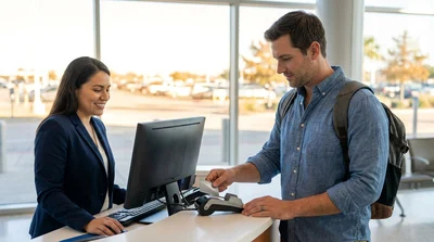 Close-up of a customer handing a credit card to an agent at a Texas car hire desk