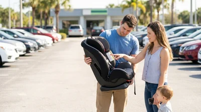 Person checking a safety label on a car hire child seat in a sunny Florida parking lot