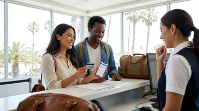 Customer handing a credit card to an agent at a car rental desk in California