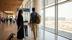 Travelers with luggage walking through a Las Vegas airport car rental facility