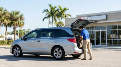 Traveler loading luggage into a car hire outside a sunny Florida airport terminal