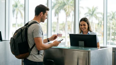 Driver holding a driving licence and keys outside a Florida car rental office