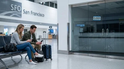 Closed car hire counter with empty queue lines inside the San Francisco airport terminal
