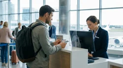 Customer showing a driving licence to an agent at a car rental counter in New York