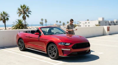 Person unlocking a parked car rental on a sunny street in California