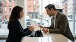 Person handing a passport to a clerk at a car rental desk in New York