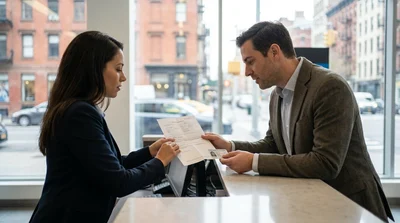 Person handing a passport to a clerk at a car rental desk in New York