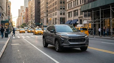A silver car rental driving alongside yellow taxis in heavy traffic on a busy New York City street