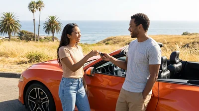 Two friends driving a white car rental along a scenic coastal highway in California